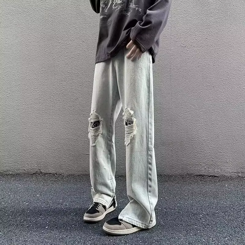 Nouveau Jean Droit Déchiré Tendance Printemps-Automne, Pantalon en Denim Style High Street, Vêtement