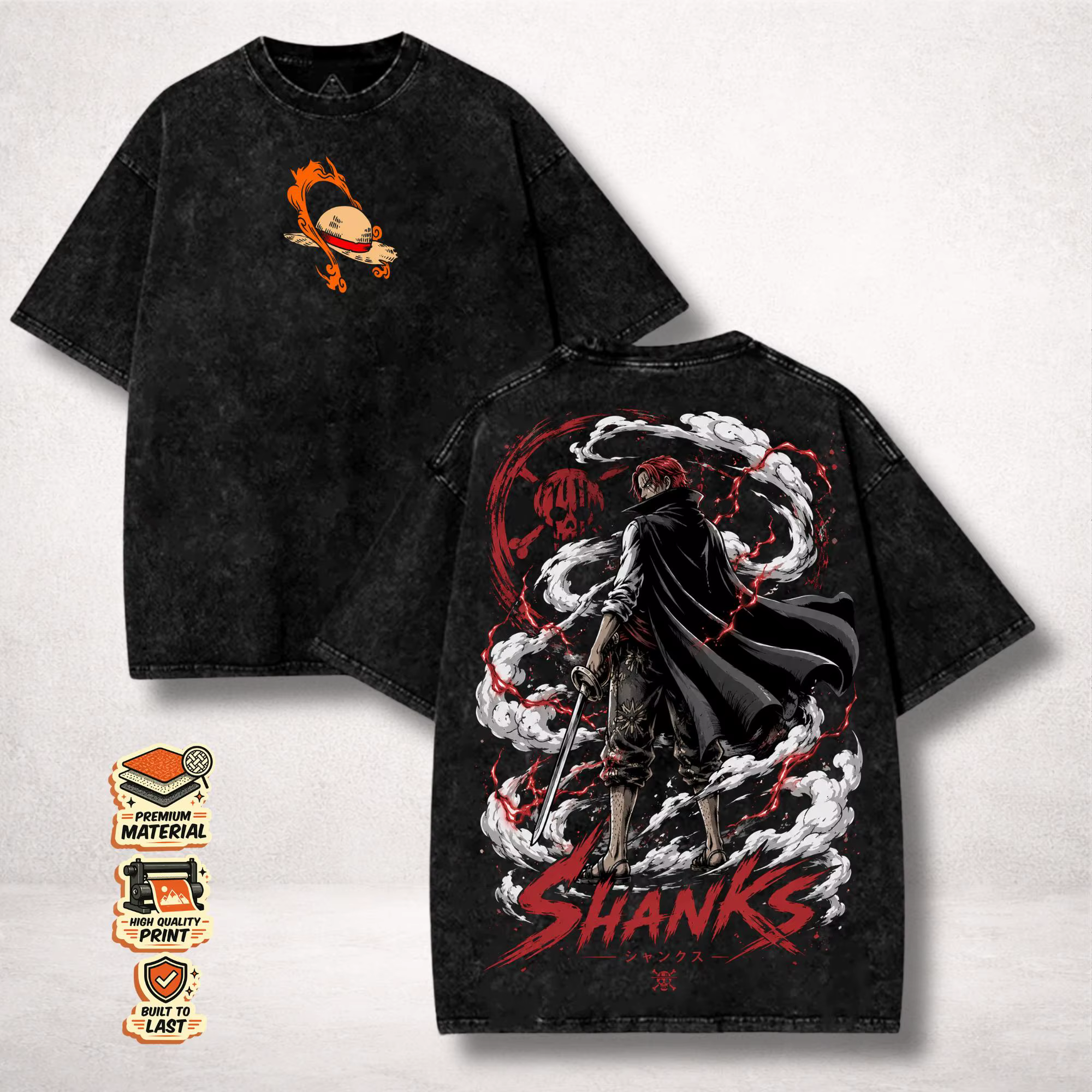 T-shirt One Piece Shanks Cheveux Roux Roi des Pirates 2026 pour Hommes et Femmes, Noir Délavé Vintag