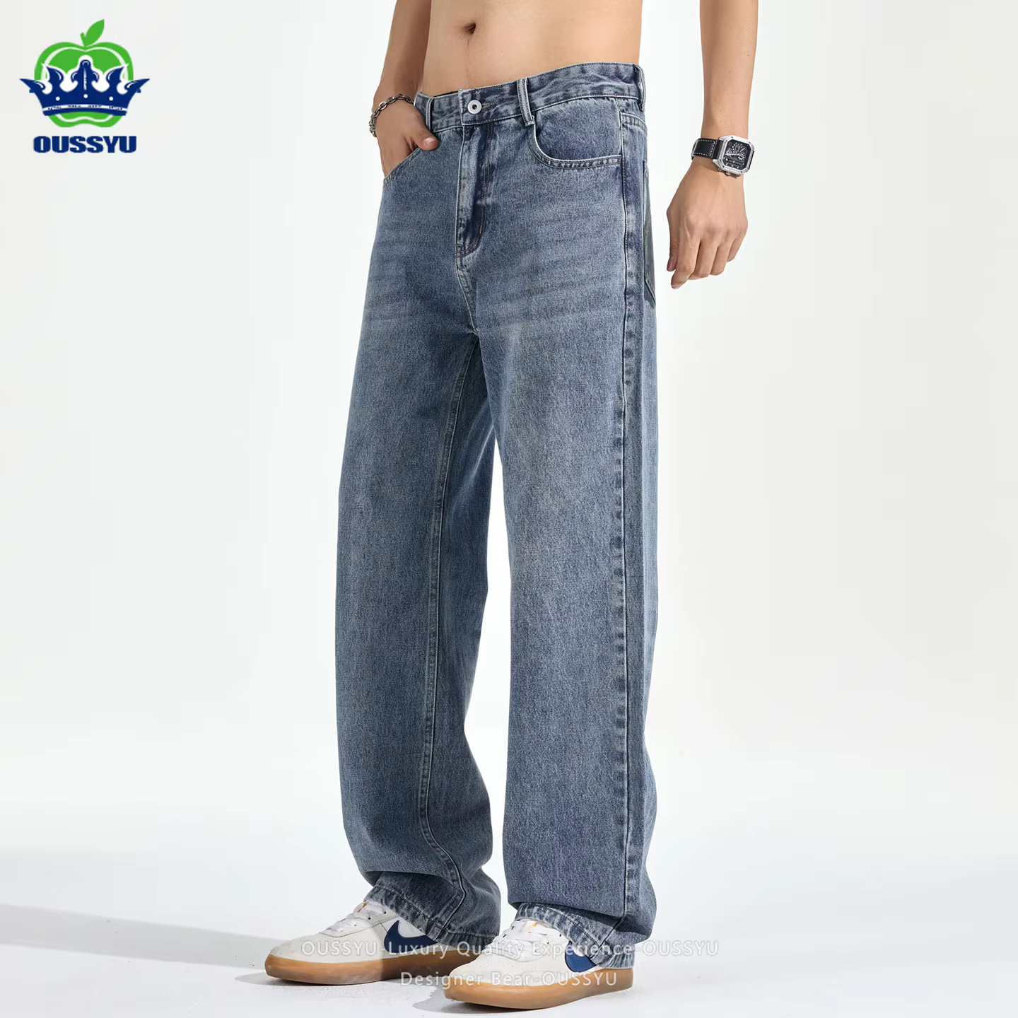 Vêtements de marque OUSSYU, jeans classiques amples pour hommes, style américain, pantalon en denim 