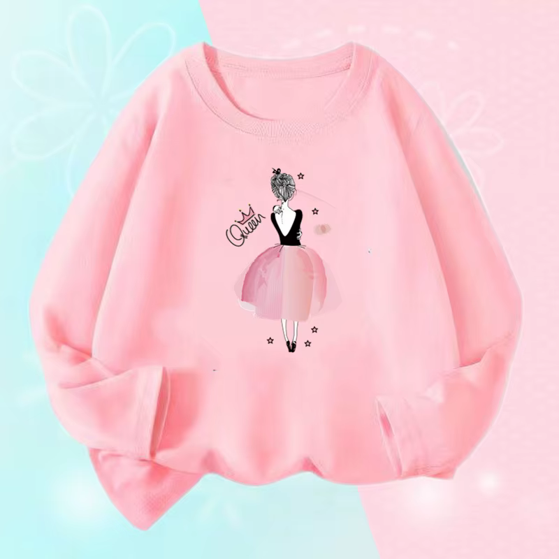 T-shirt manches longues rose à manches longues pour filles, haut basique avec motif de cœur et de fl