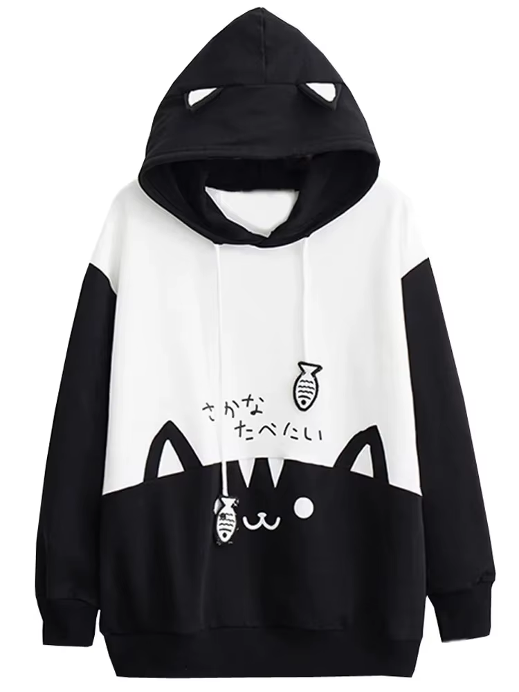 Sweat à capuche imprimé chat pour femmes, Streetwear Y2K, sweat-shirt à manches longues, pull mignon