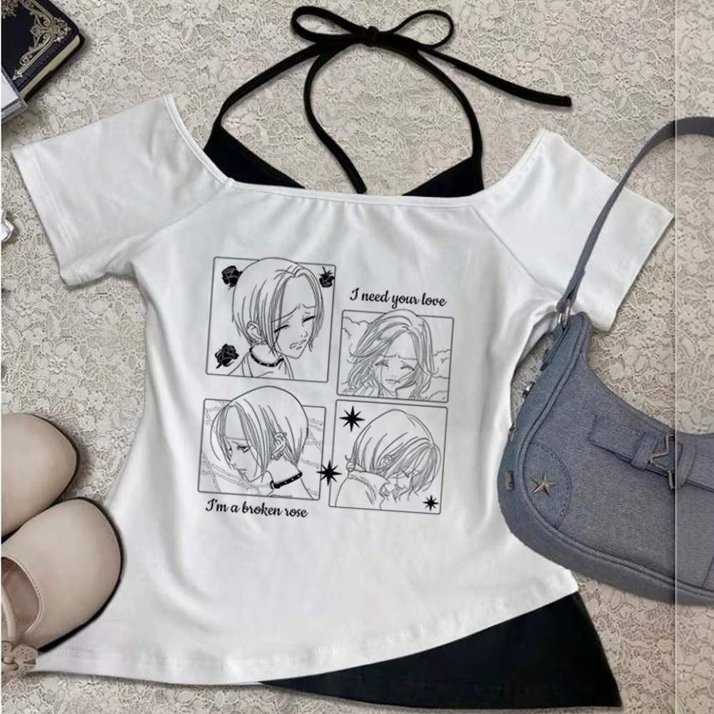 T-shirt Nana à col court pour fille, avec image graphique, style baddie, alternative, anime, emo, go
