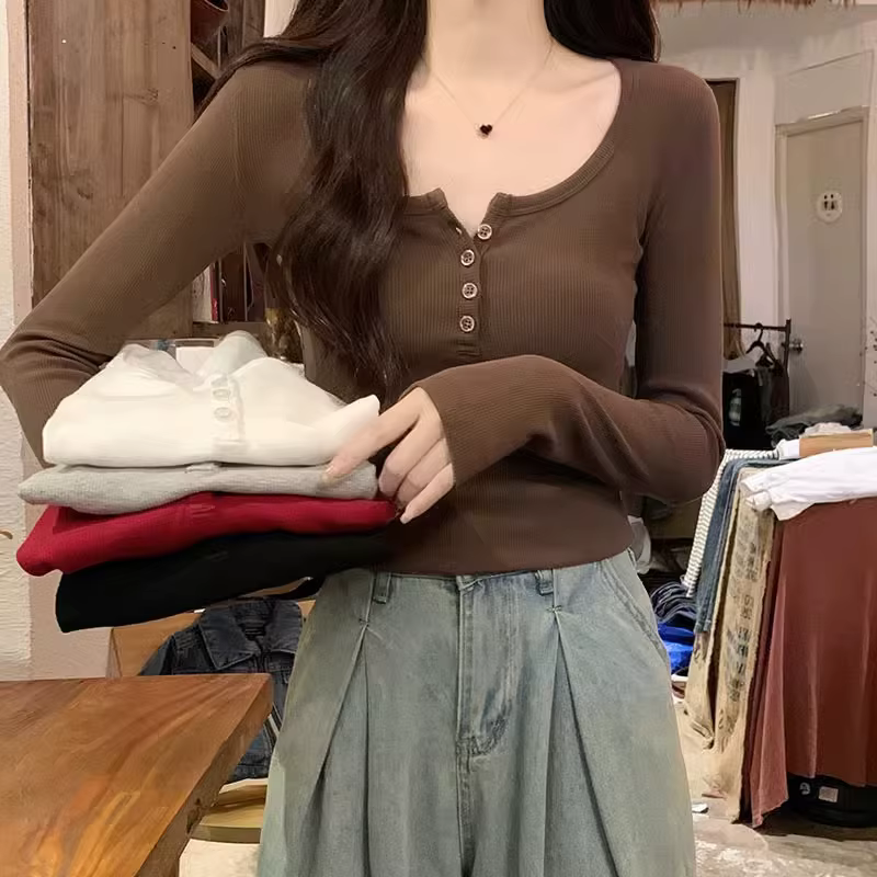 T-shirt à manches longues pour femmes, Chic, boutonné, col semi-ouvert, chemise à bascule, haut cour