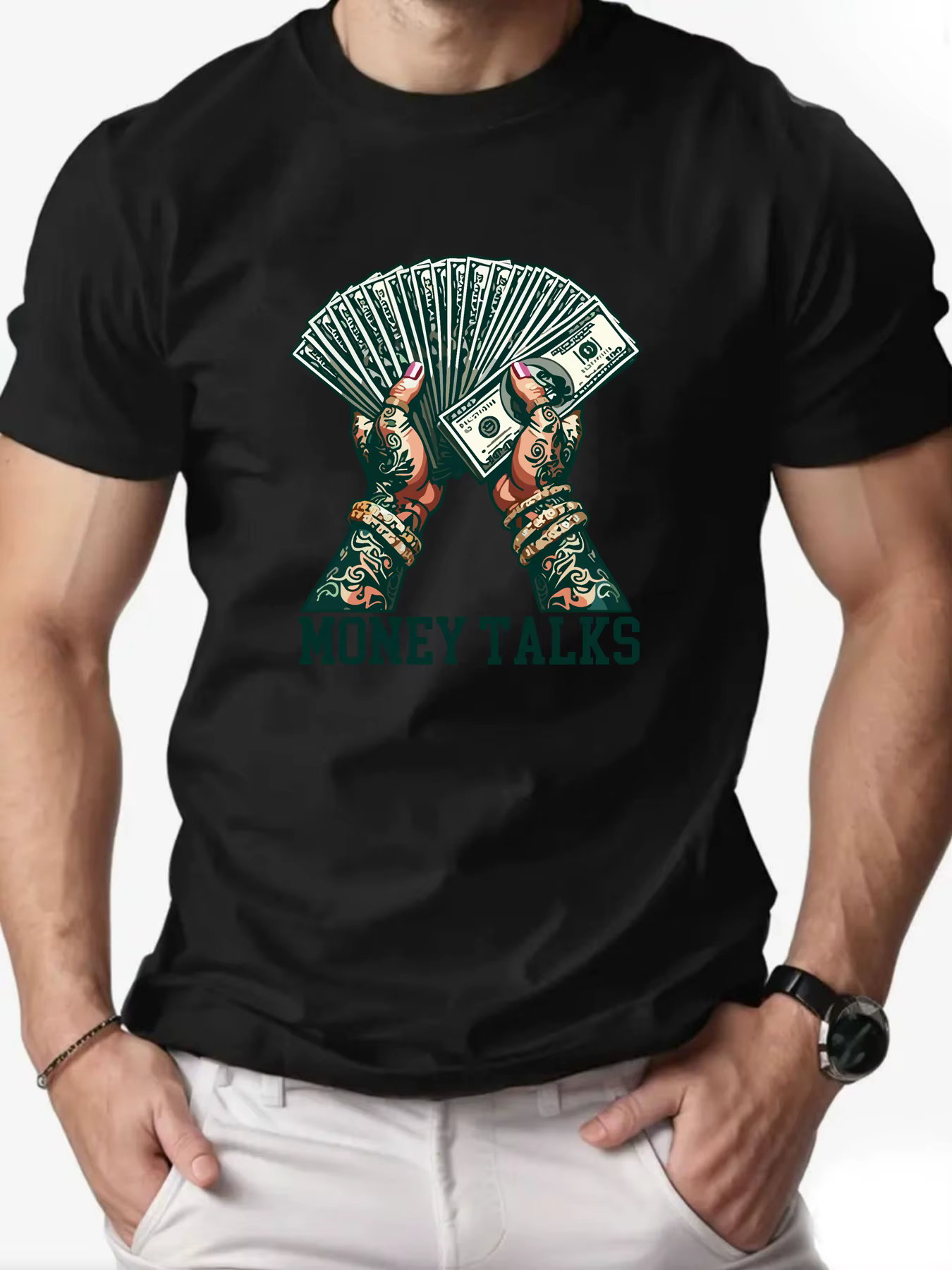 T-shirt col rond pour hommes, 100% coton, imprimé MONEY TALKS, respirant, Streetwear, surdimensionné