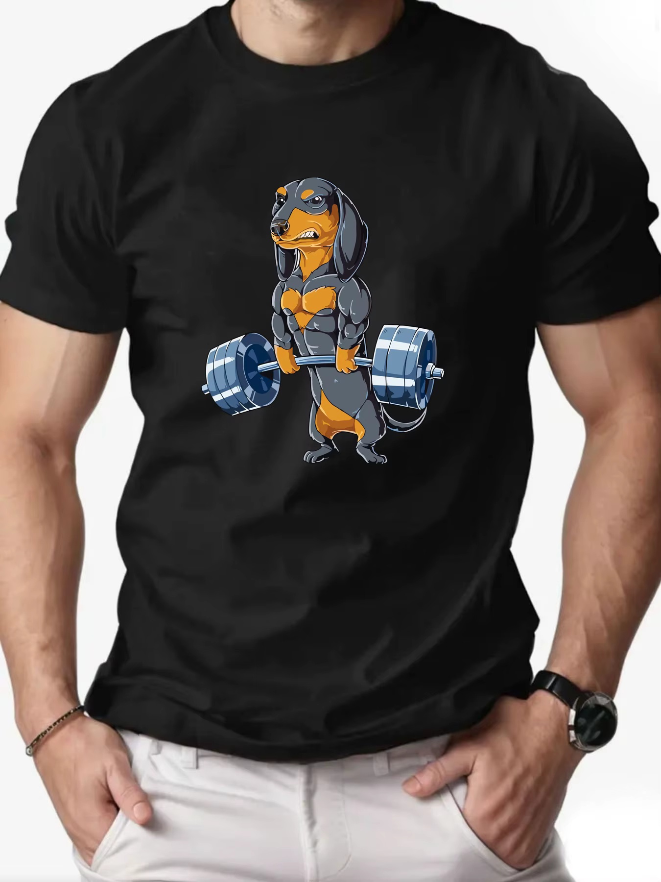 T-Shirt de sport 100% coton pour hommes, col rond, drôle, Muscle, teckel, levage d'haltères, imprimé