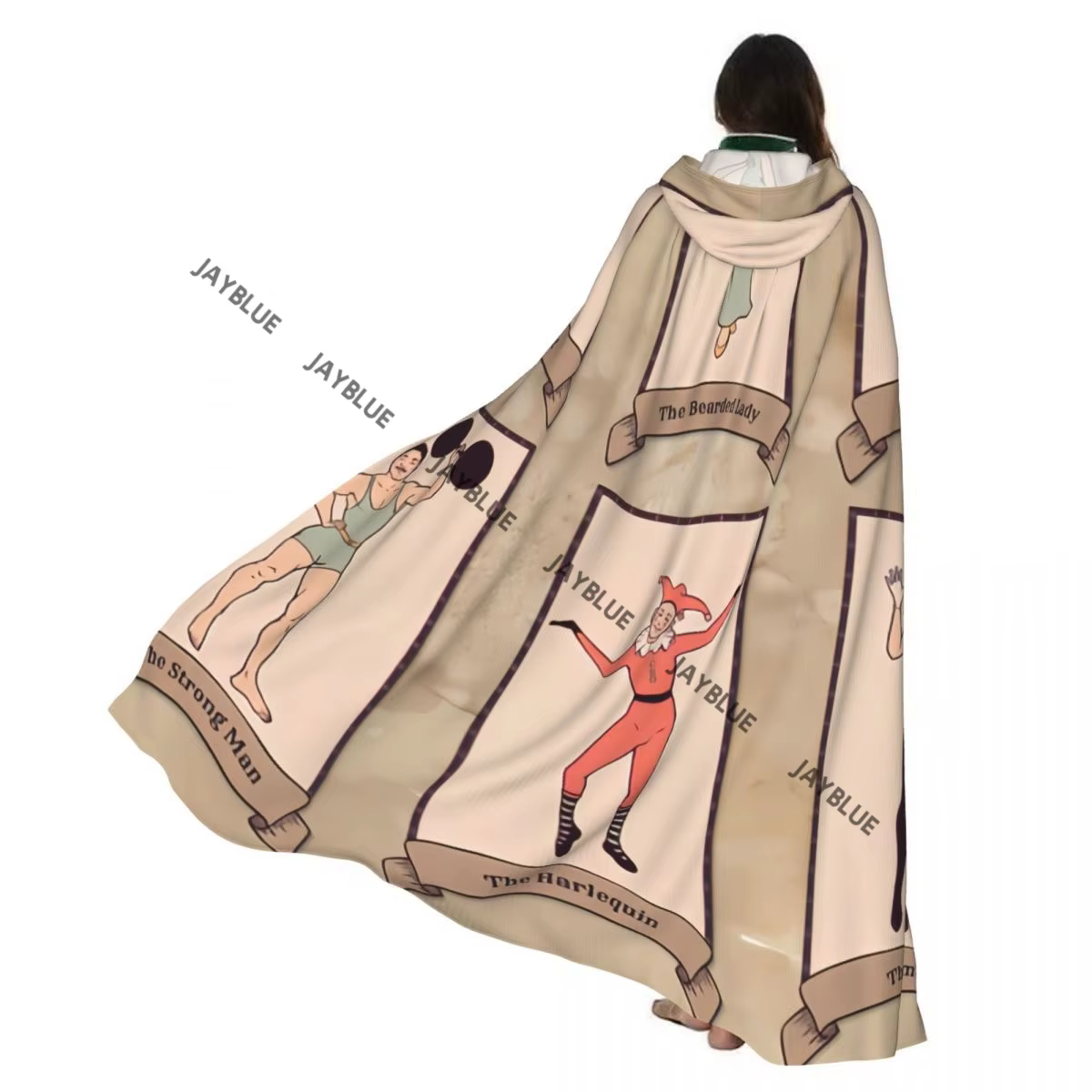 Cape longue Cape Vintage personnages de cirque barbu dame gymnaste homme fort Harlequin Mime manteau