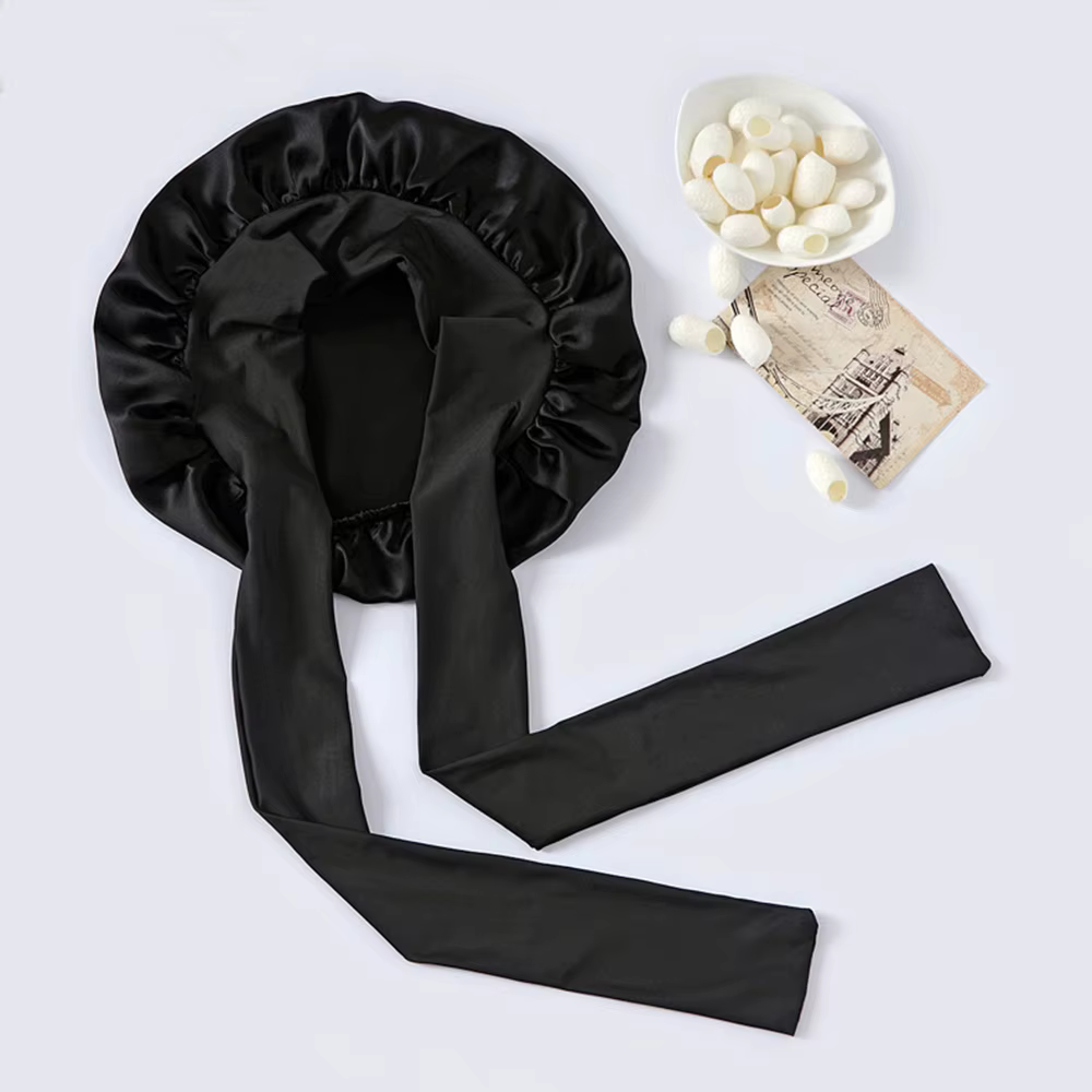 Bonnet de couchage en soie de mûrier 100% pour femmes, grande casquette de nuit avec large bande éla