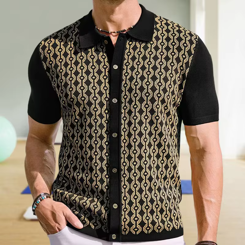 Polo en tricot de luxe pour hommes, mode, boutons rayés, motif géométrique imprimé, Cardigan à manch