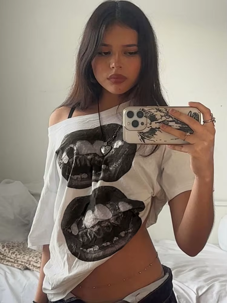 American Street Hip Hop bouche imprimé T-shirt ample femmes personnalisé haut décontracté