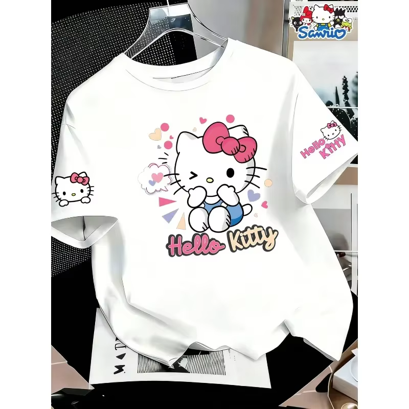 T-shirt imprimé Hello Kitty pour femmes et enfants, léger, motif d'été, à la mode, adapté en coton, 