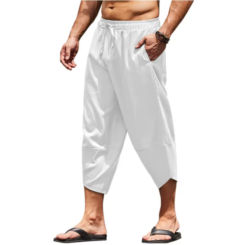 Pantalon Capri d'été pour hommes, couleur unie, sarouel, taille élastique, cordon de serrage, longue