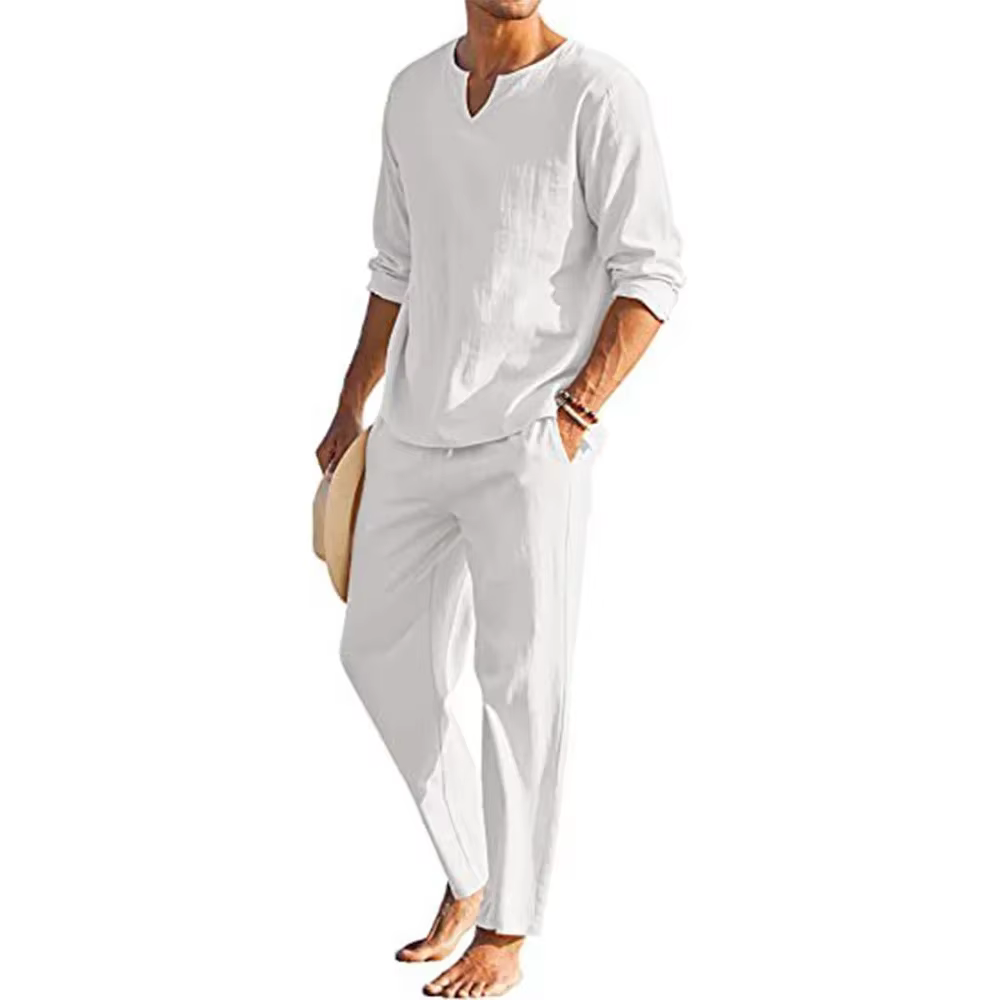 Ensemble deux pièces en coton et lin pour hommes, décontracté, ample, col en V, manches longues, hau
