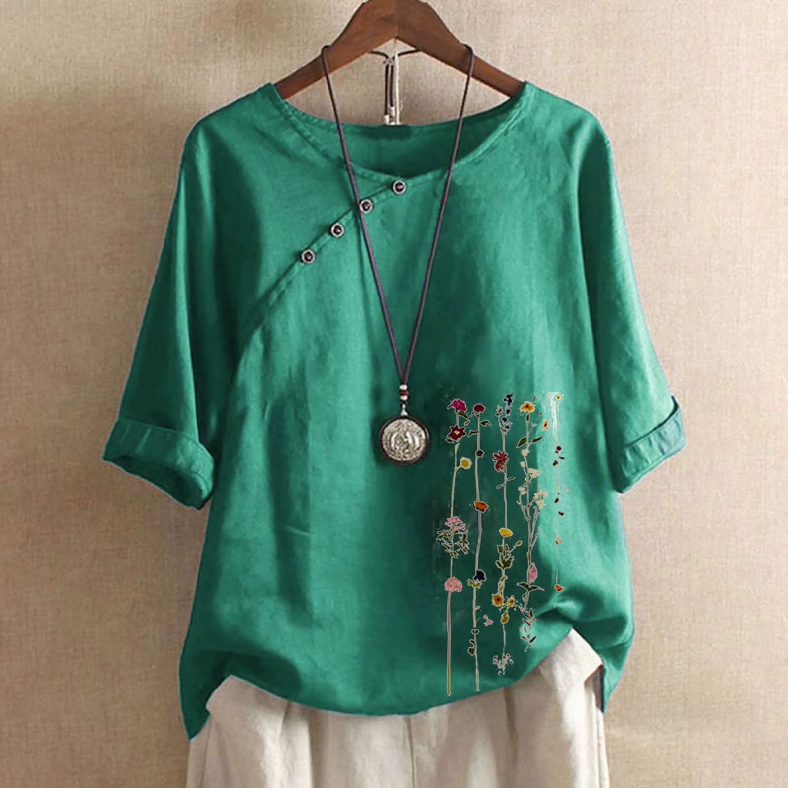 Chemisier rétro en coton et lin pour femmes, col rond, Vintage, broderie florale, t-shirts pour dame