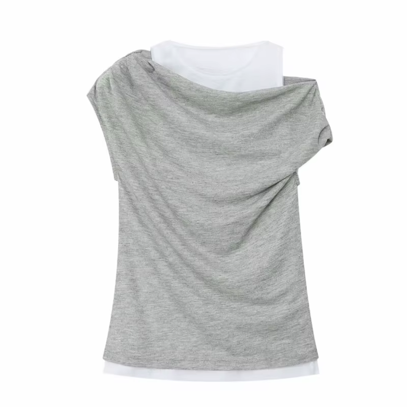 ETJ 2025 nouvelle mode femme couleur-blocage et patchwork faux deux pièces sexy épaules dénudées T-s