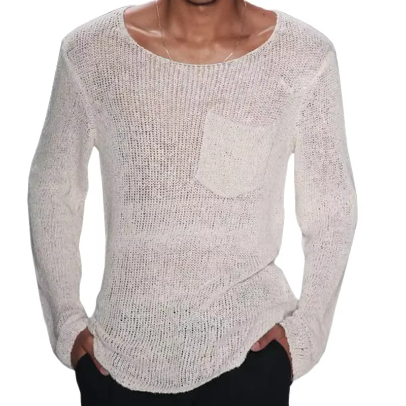 Pull tricoté à manches longues et poches pour homme, couleur unie, t-shirt, Streetwear, hauts à la m