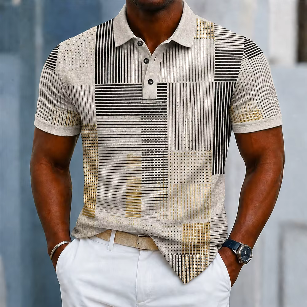 Polo pour homme beige à rayures géométriques, hauts décontractés pour le printemps et l'été, streetw