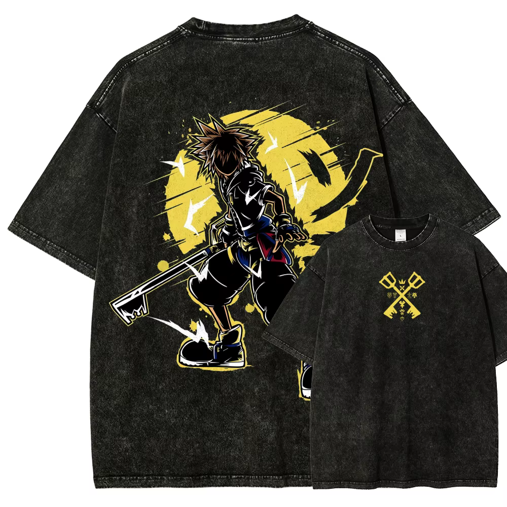 T-shirt en coton surdimensionné double face lavé, imprimé anime Kingdom Hearts Sora, motif Cœur, Cou