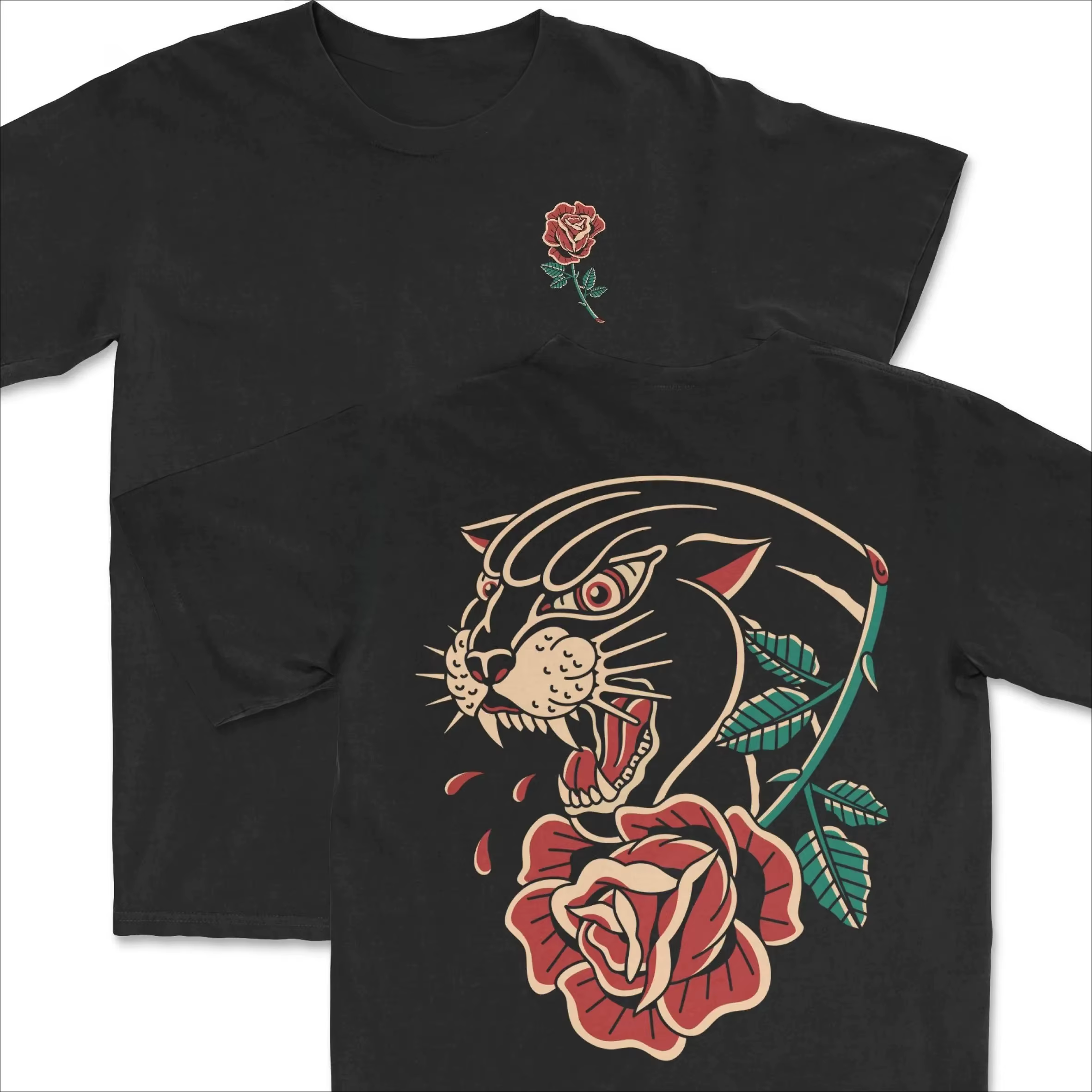 T-shirt unisexe surdimensionné en coton Y2K Streetwear avec motif double face tatouage panthère rose