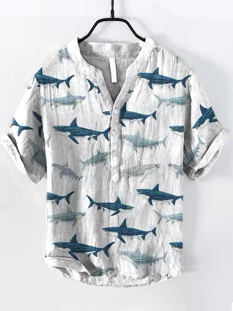 T-shirt à manches courtes imprimé artistique pour hommes, chemise Henry à col en V, mode estivale, u