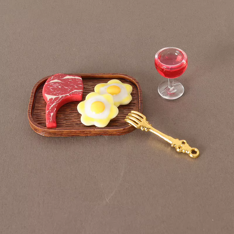 Kit de décoration de cuisine pour maison de poupée, steak réaliste, pâtes et verre à vin rouge, simu