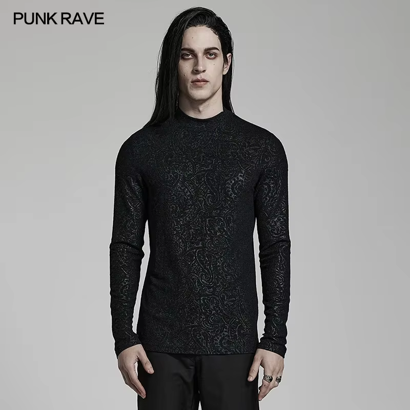 PUNK RAVE-T-shirt gothique à col roulé pour homme, manches longues, imprimé simple, punk, beau, cool