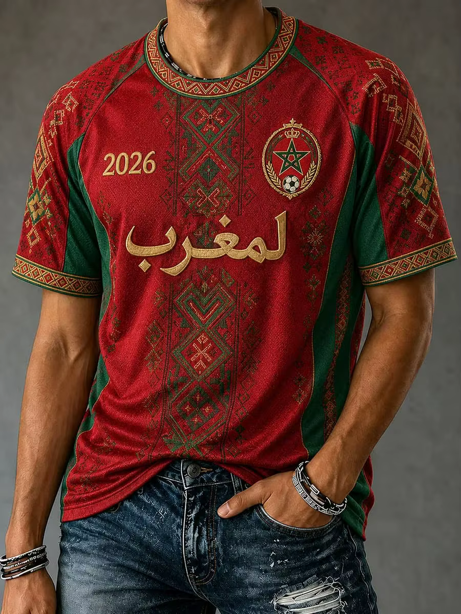 T-shirt de football rouge de l'équipe nationale du Maroc, vêtement de sport unisexe à col en V avec 
