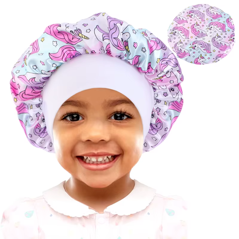Dessin animé bébé enfants imprimer Satin Bonnet chapeau de sommeil casquette pour cheveux bouclés ré
