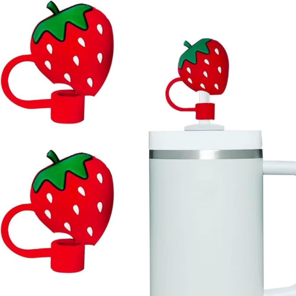 2 pièces de couvre-pailles en silicone de 10 mm, motif fraise et fleurs mignonnes, pour accessoires 