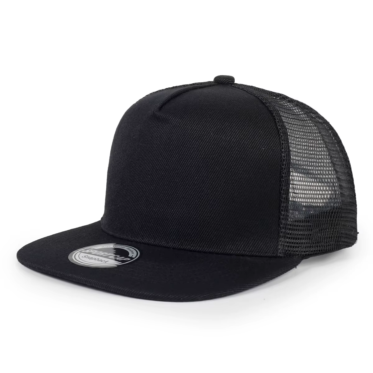 Casquettes en maille à bord plat de couleur unie avec logo imprimé personnalisé, lot de cinq pièces,