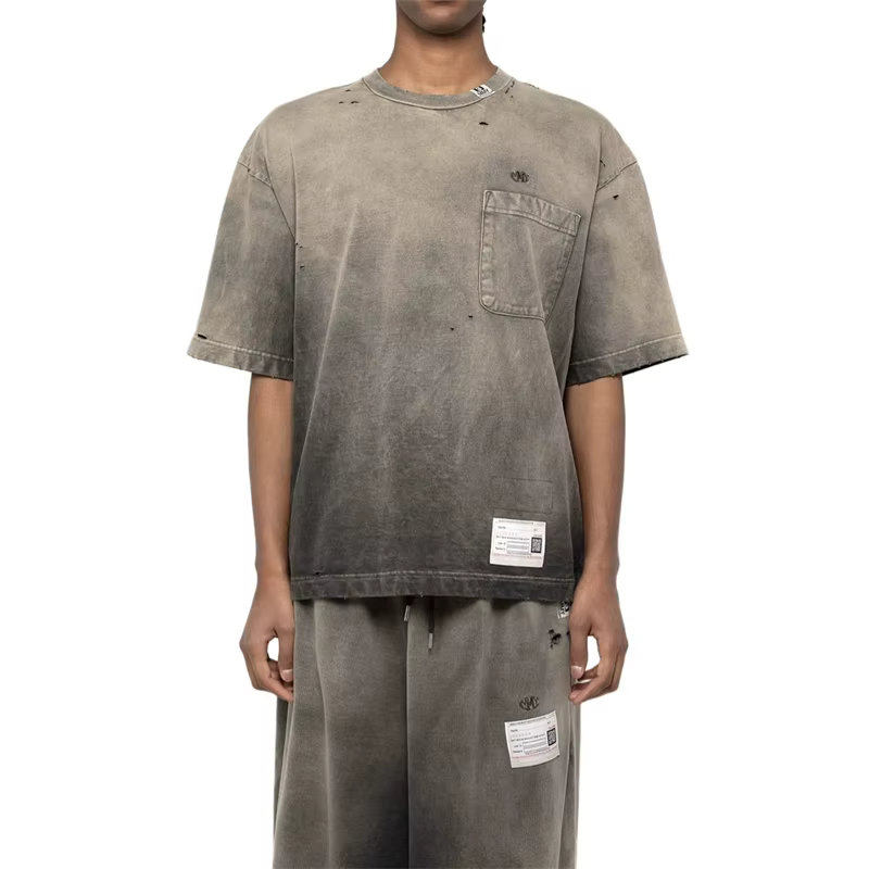 T-shirt à manches courtes pour hommes, col rond dégradé délavé, rétro, décontracté, ample, pour homm