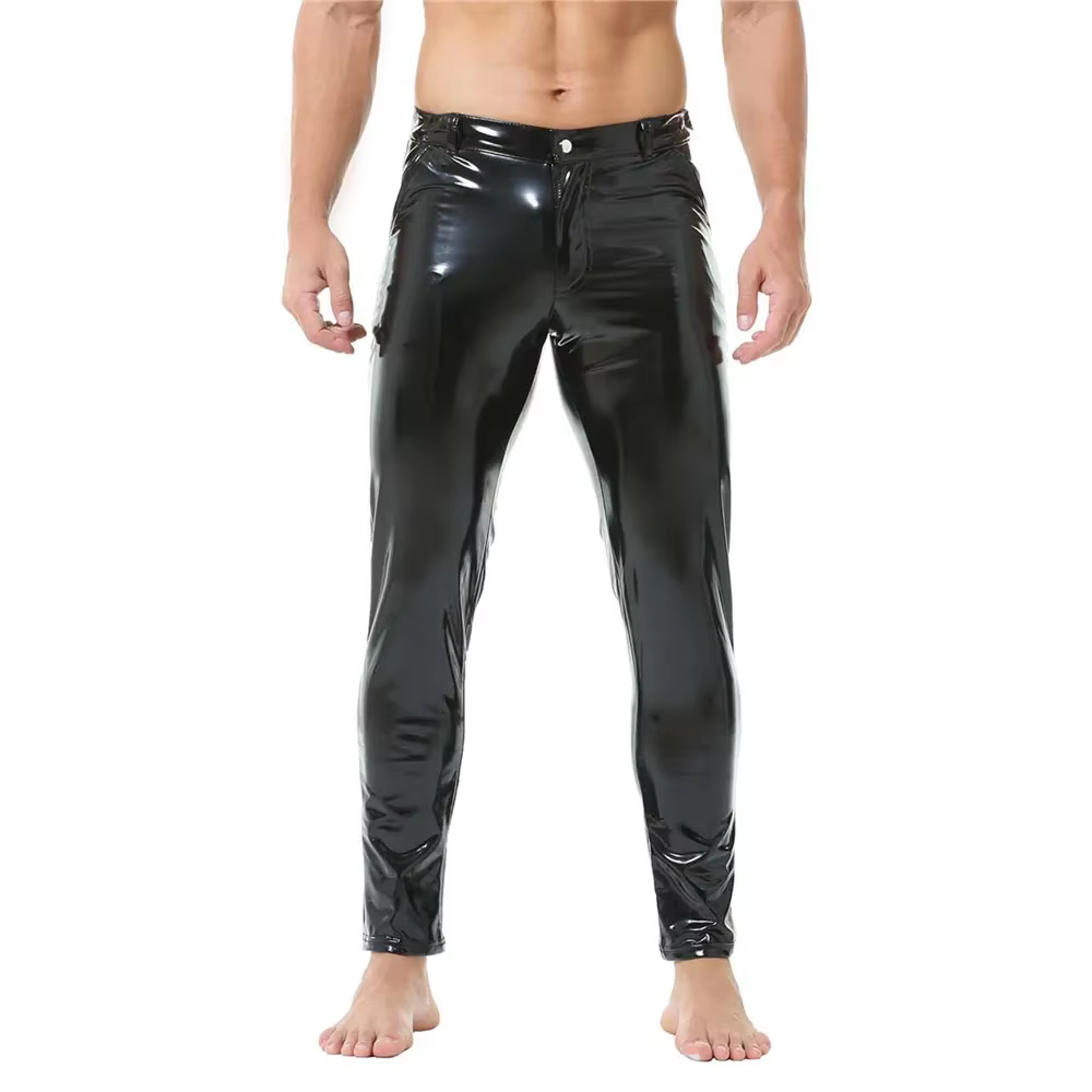 Pantalon en Latex pour hommes, brillant, aspect mouillé, en cuir PVC, à la mode, Slim, droit, pour d