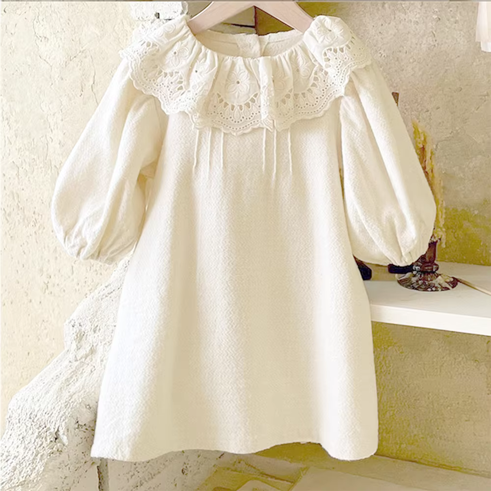Robe décontractée en dentelle à volants pour filles, tenue d'automne à manches longues, blanche, vêt