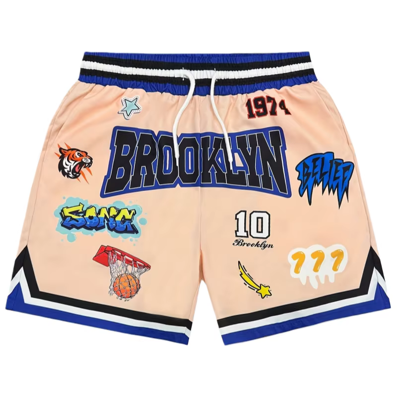 Shorts de basket-ball Brooklyn, patchs graffiti, beige rétro, streetwear décontracté, bas de tenue a