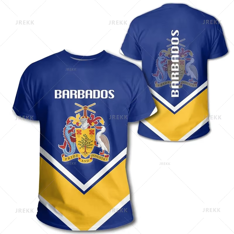 T-shirt manches courtes, streetwear à la mode avec impression 3D de carte nationale de la Barbade, b