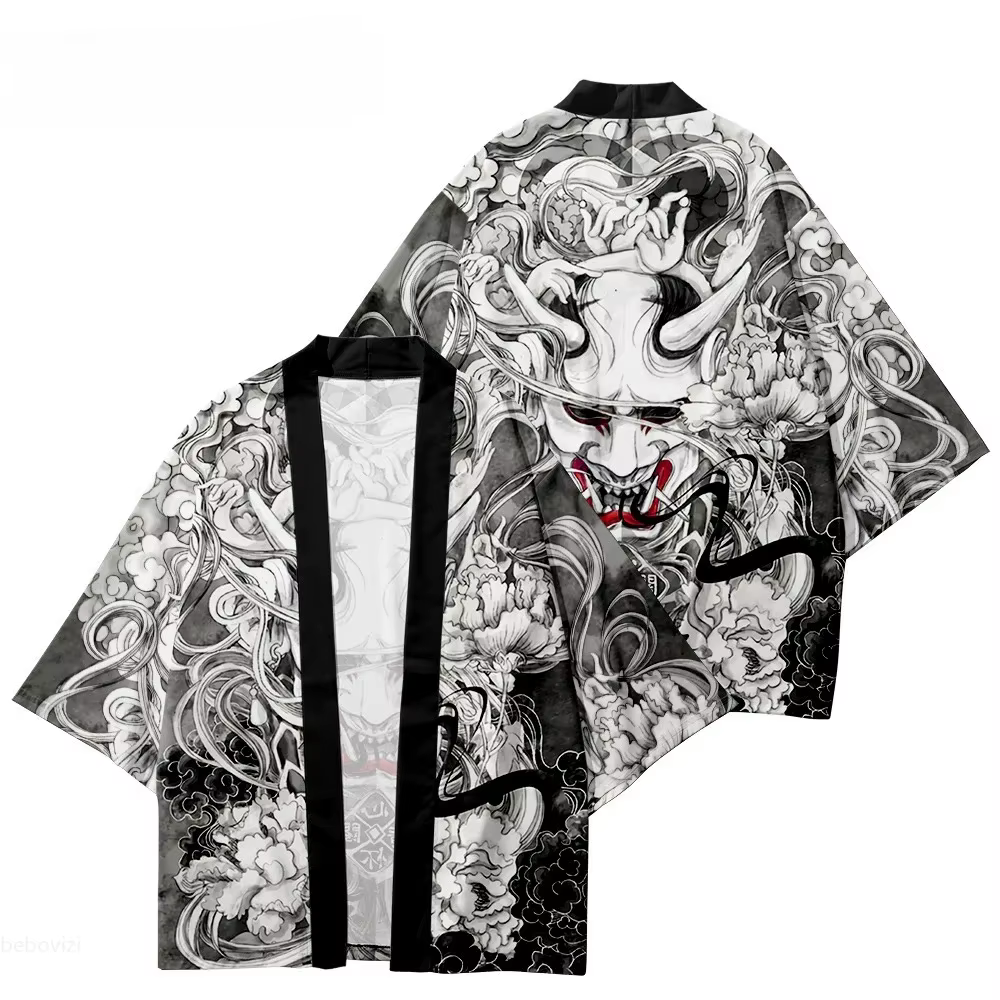 Kimono Cardigan Imprimé Samouraï Démon Japonais, Haori Traditionnel, Chemise pour Femmes et Hommes, 