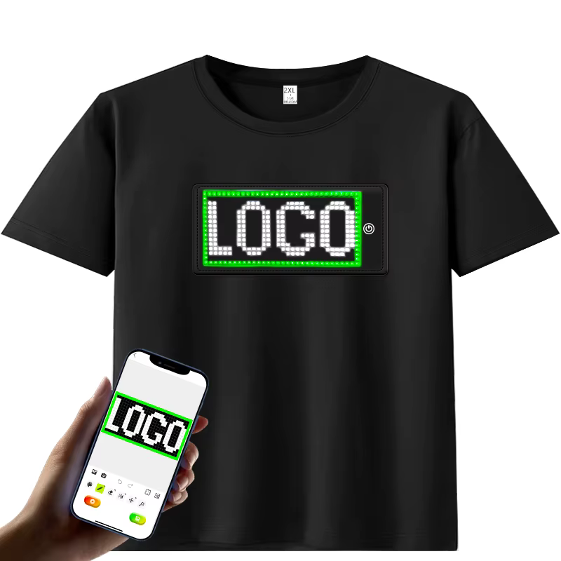 T-shirt LED avec contrôle par application Bluetooth, panneau qui brille dans la nuit, lumineux, vête
