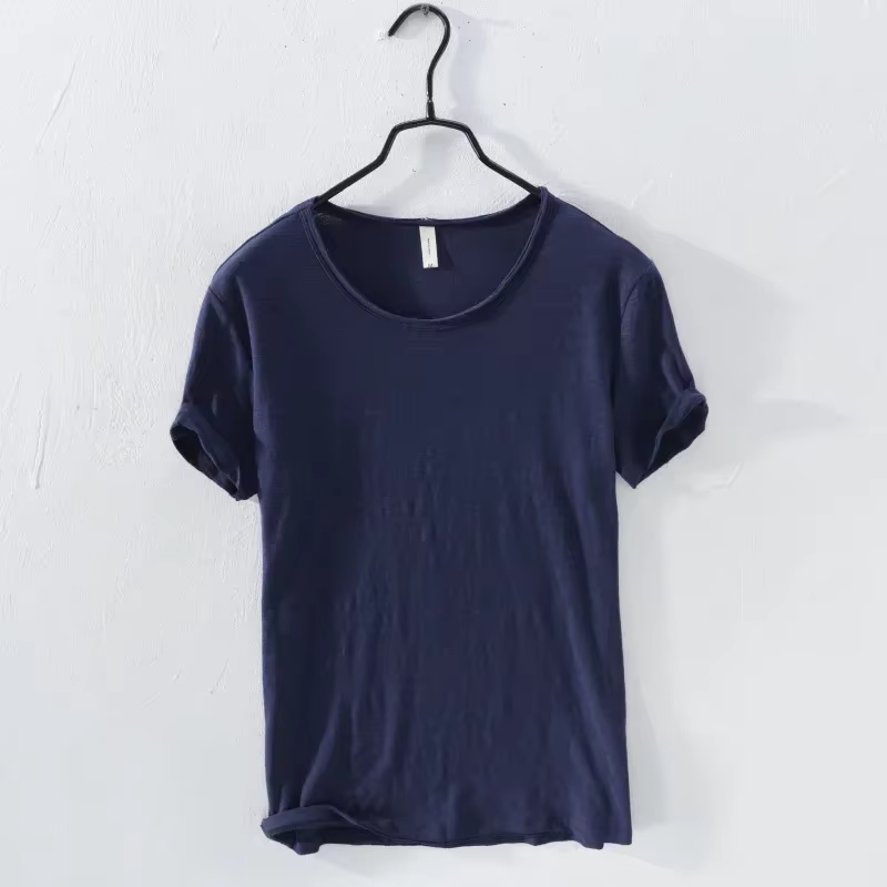 T-Shirt rétro à bords bruts pour hommes, 100% coton, léger et respirant, coupe ajustée, monochromati