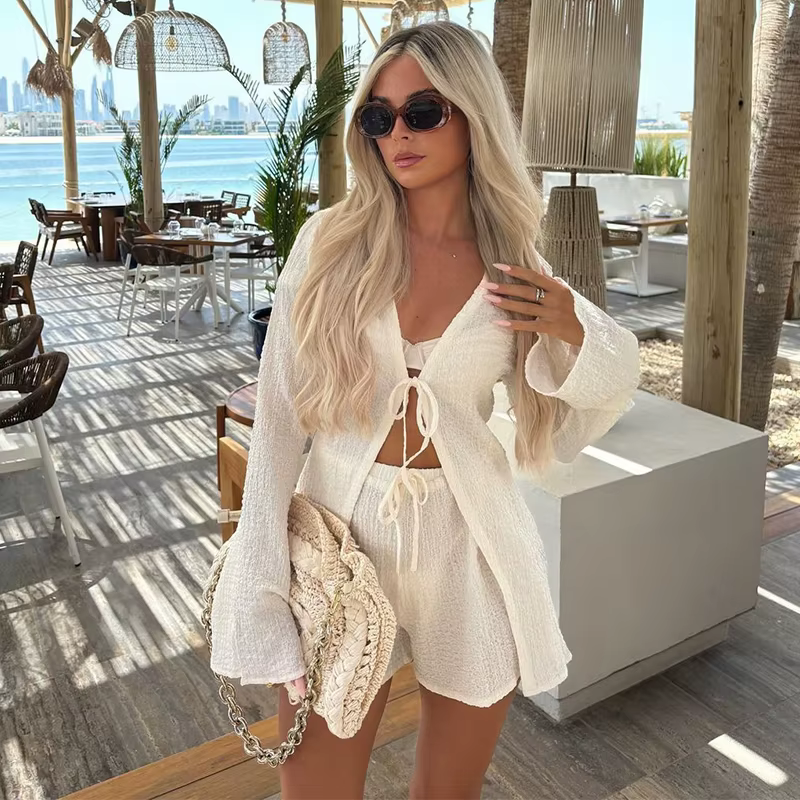 Ensemble de chemise à manches longues et col en V à lacets pour femmes, short taille haute, tenues d