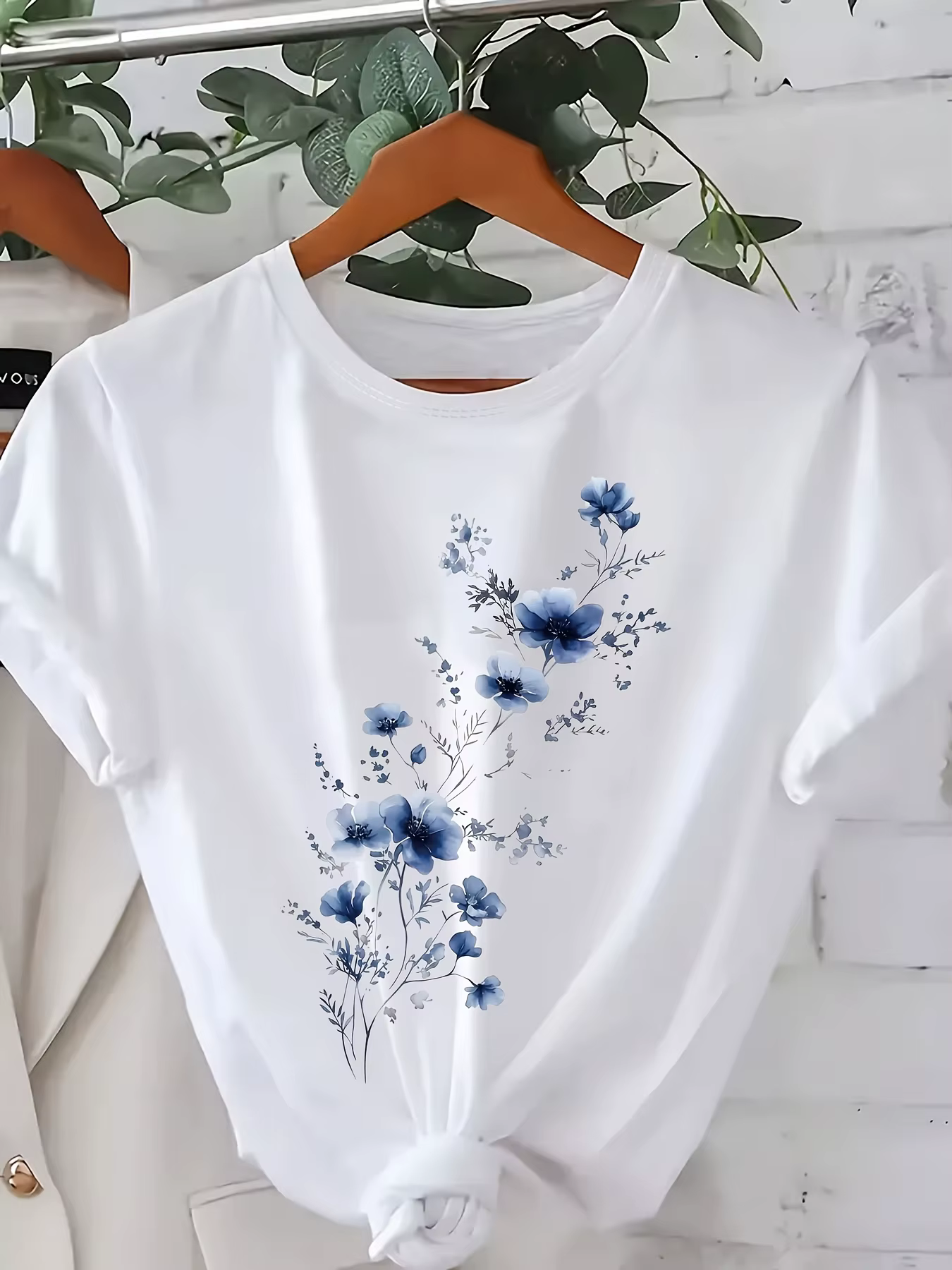 T-Shirt à imprimé Floral pour femmes, bleu, Design Floral, décontracté, col rond, manches courtes, p