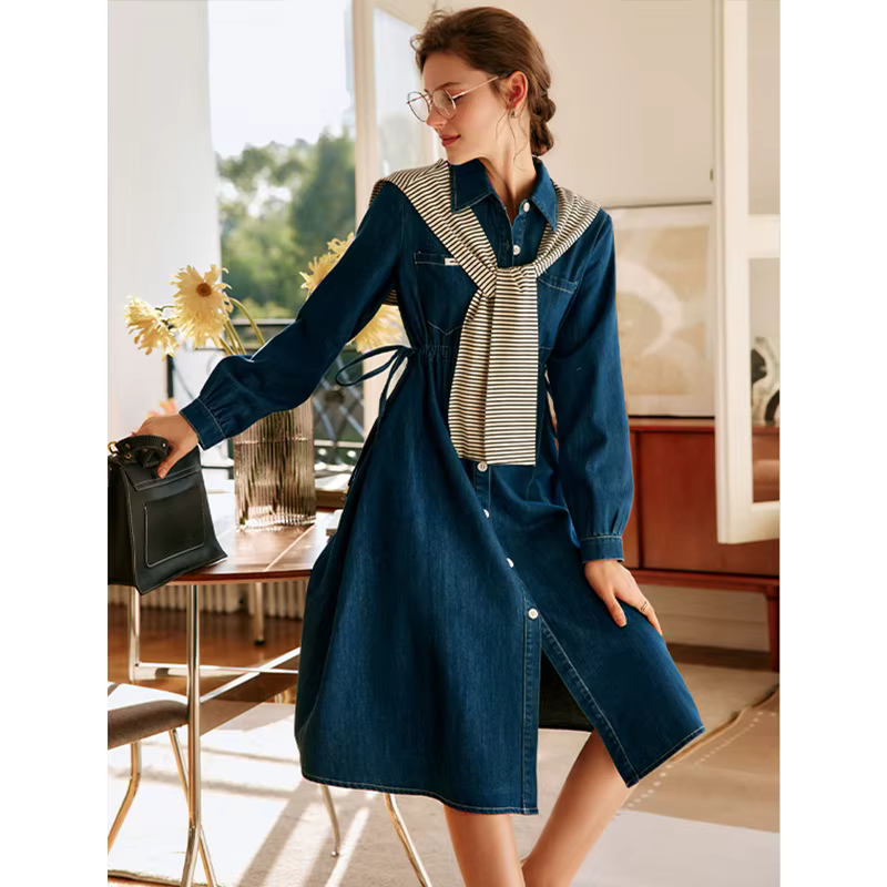 Robe en jean à manches longues OLrain pour femme, collection Printemps-Automne 2026, taille haute av