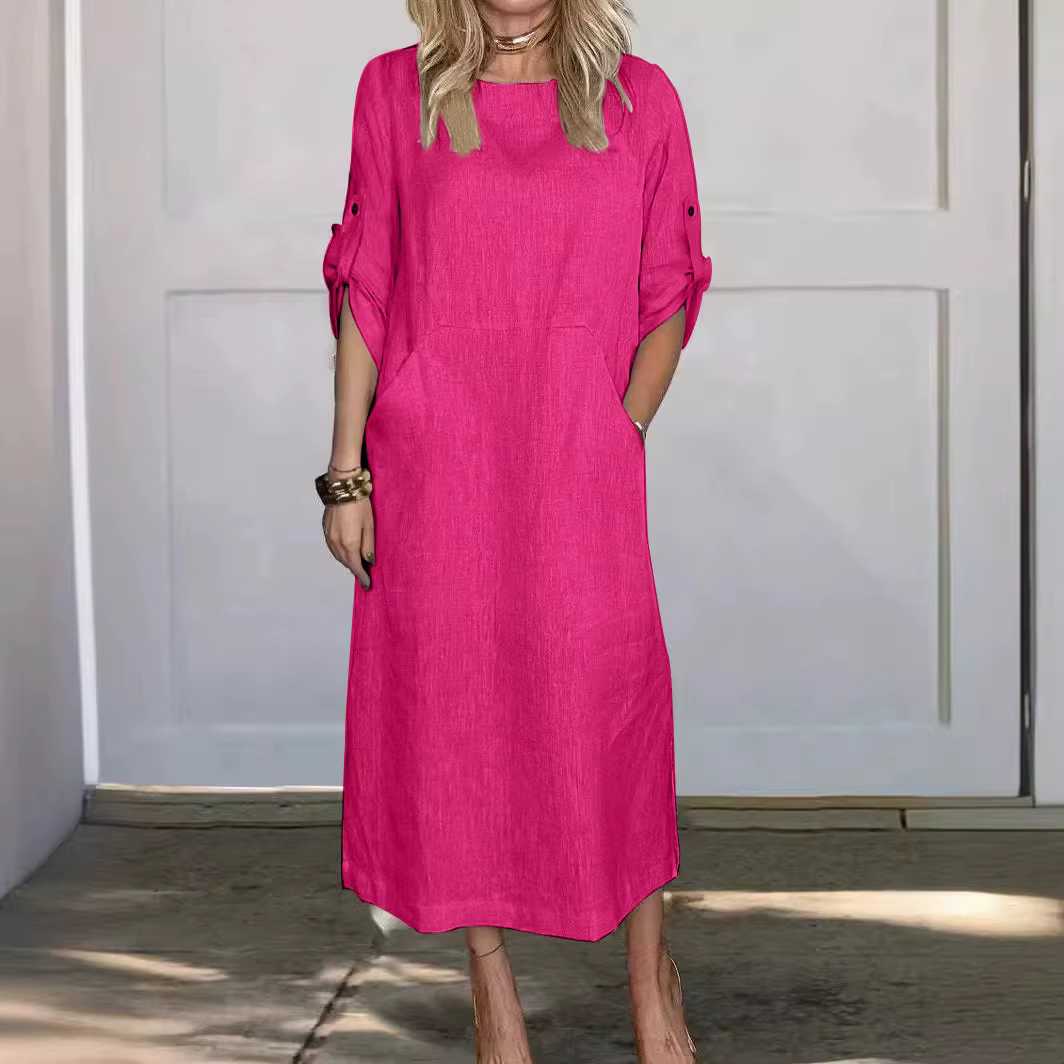 Robe en coton et lin pour femme, été 2026, coupe ample décontractée, couleur unie, manches courtes, 