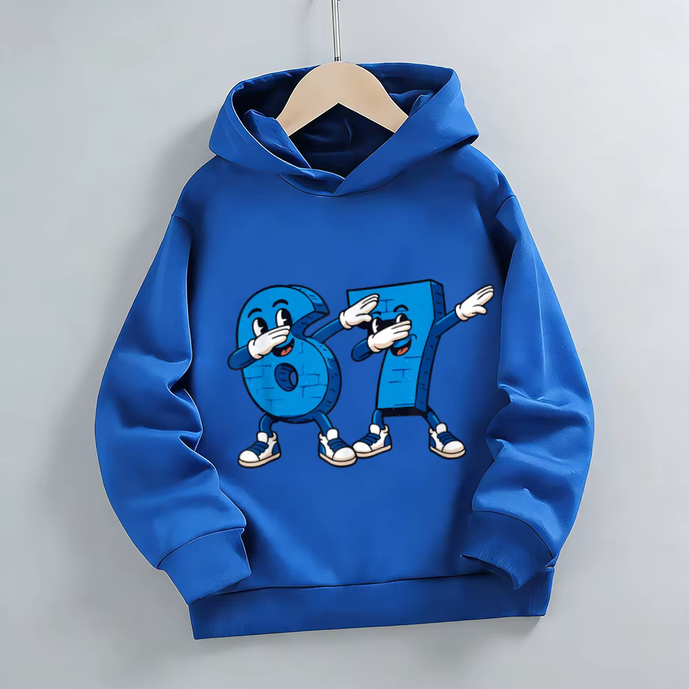 Sweat à capuche gris avec imprimé anthropomorphe numéro 67 pour garçons et filles |   Haut à capuche