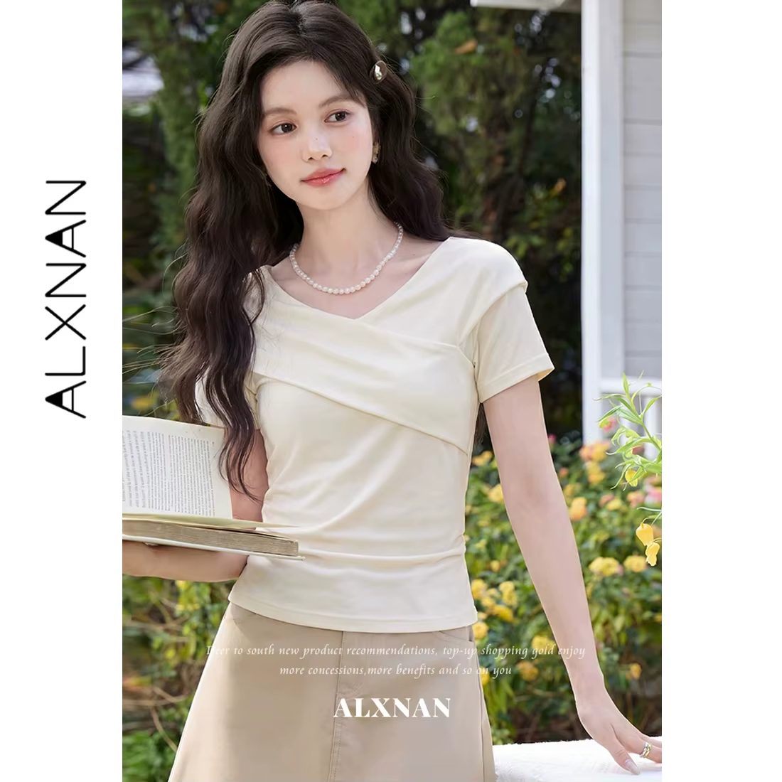 ALXNAN T-shirts noirs 2026 – Nouveauté été – T-shirt en maille à col en V croisé et manches courtes 
