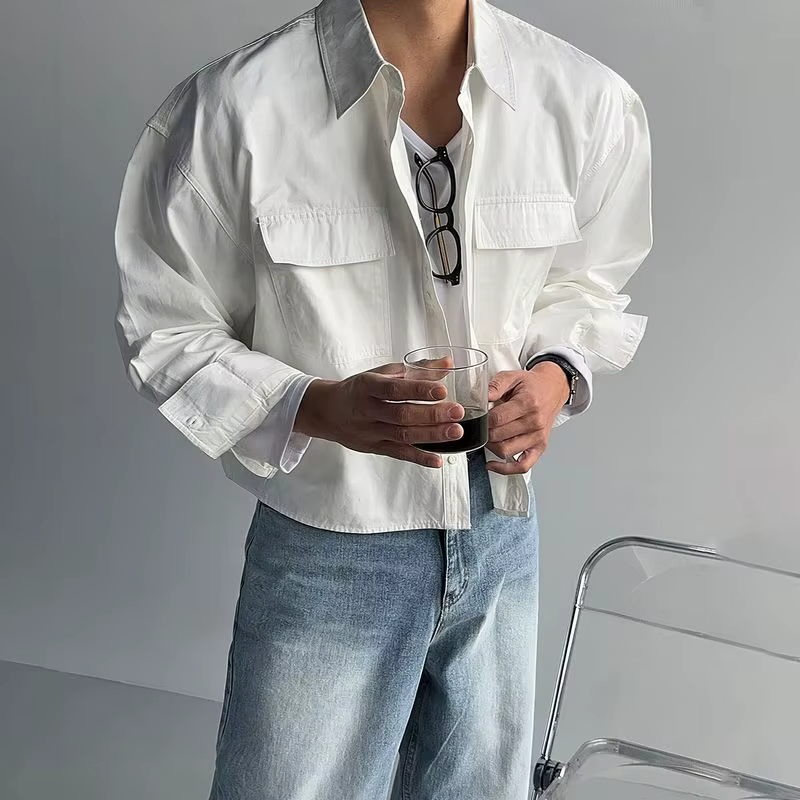 Chemise-veste à manches courtes pour homme en automne avec deux poches et un col à revers