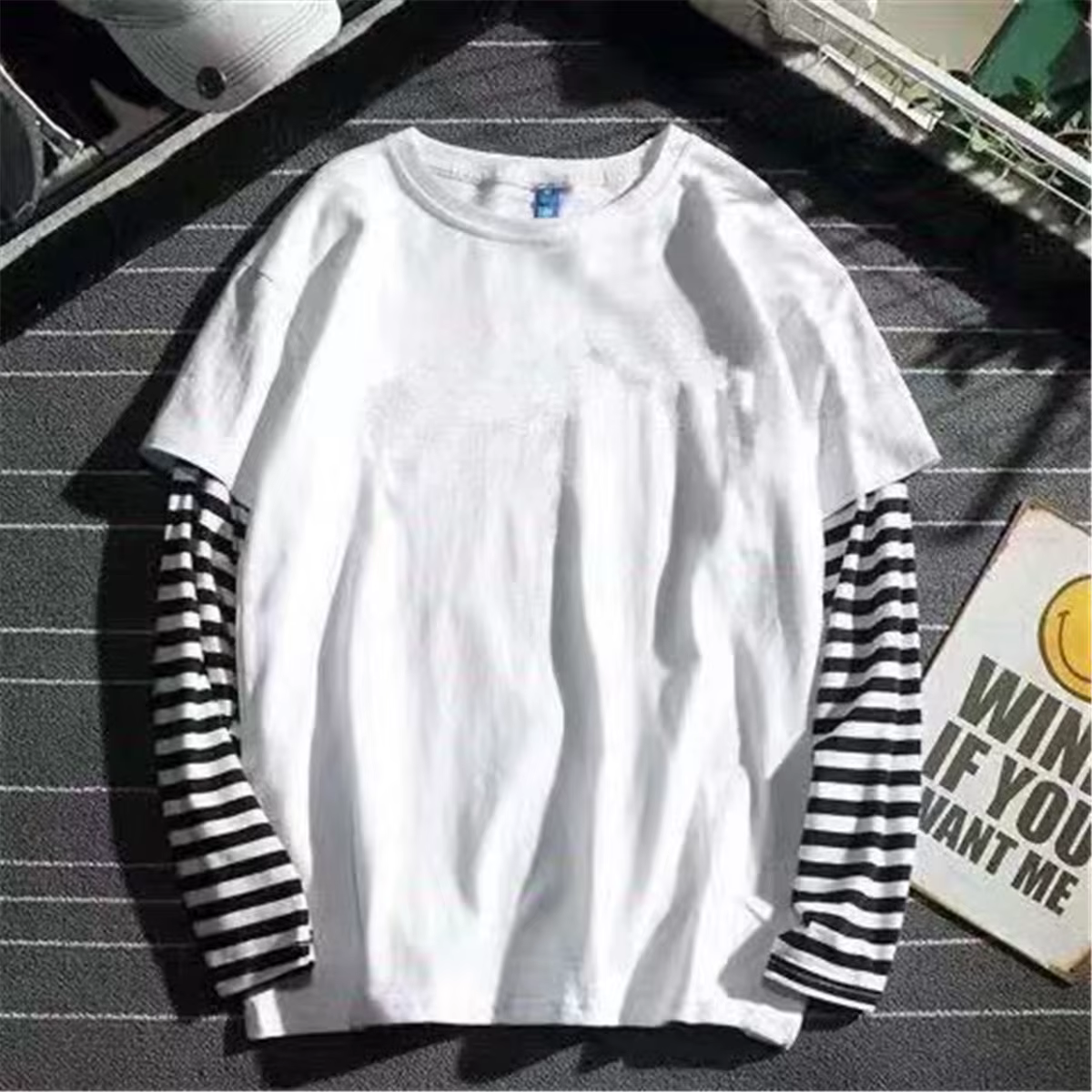 T-shirt rayé patchwork cool pour homme, hauts oversize d'automne, t-shirt uni à manches longues pour