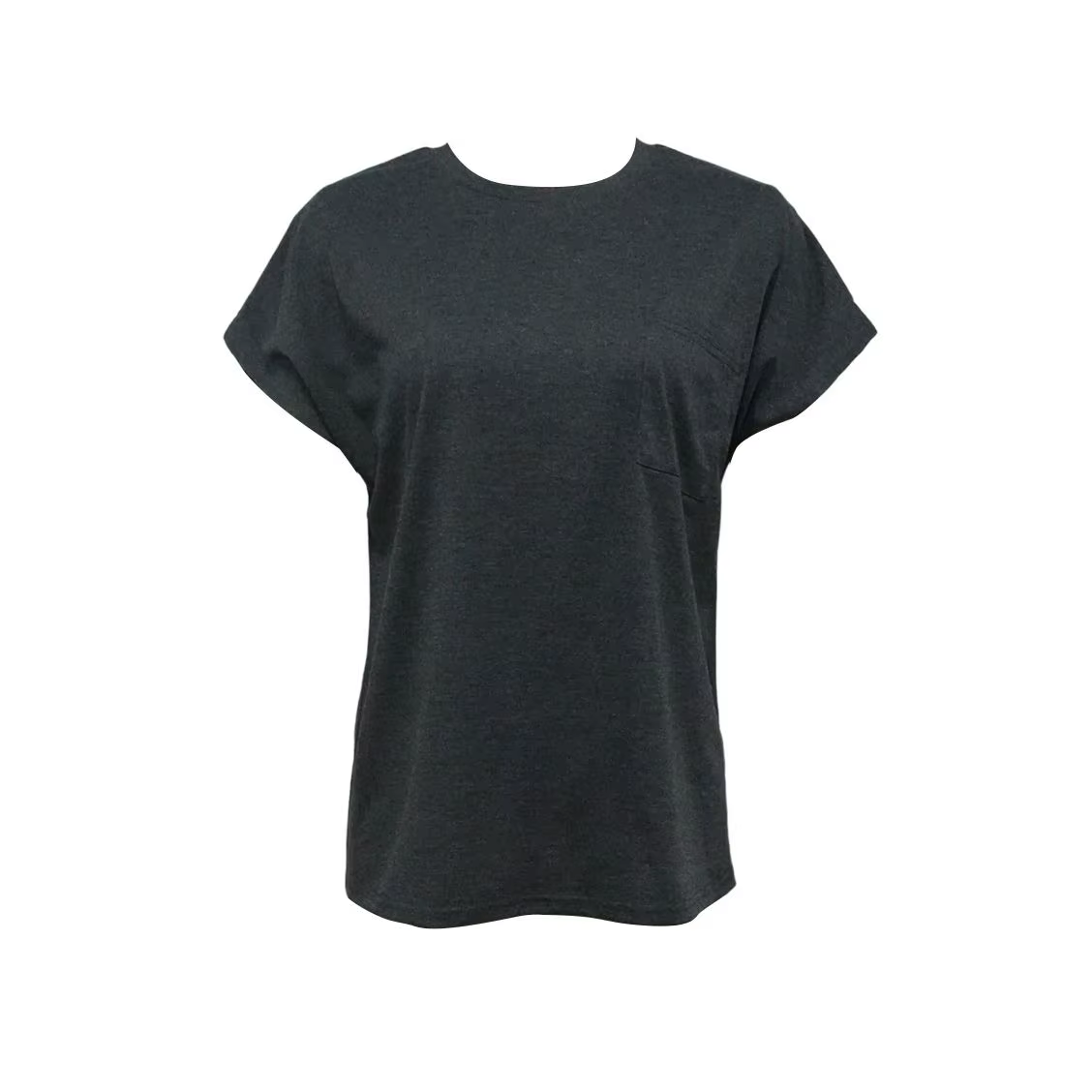 T-shirt Femme Printemps-Été Noir chiné Col rond Poche poitrine Manches courtes Ourlet incurvé Haut d