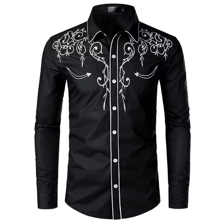 SHiONFA Chemise à manches longues brodée de style occidental rouge pour homme Coupe ajustée Chemise 