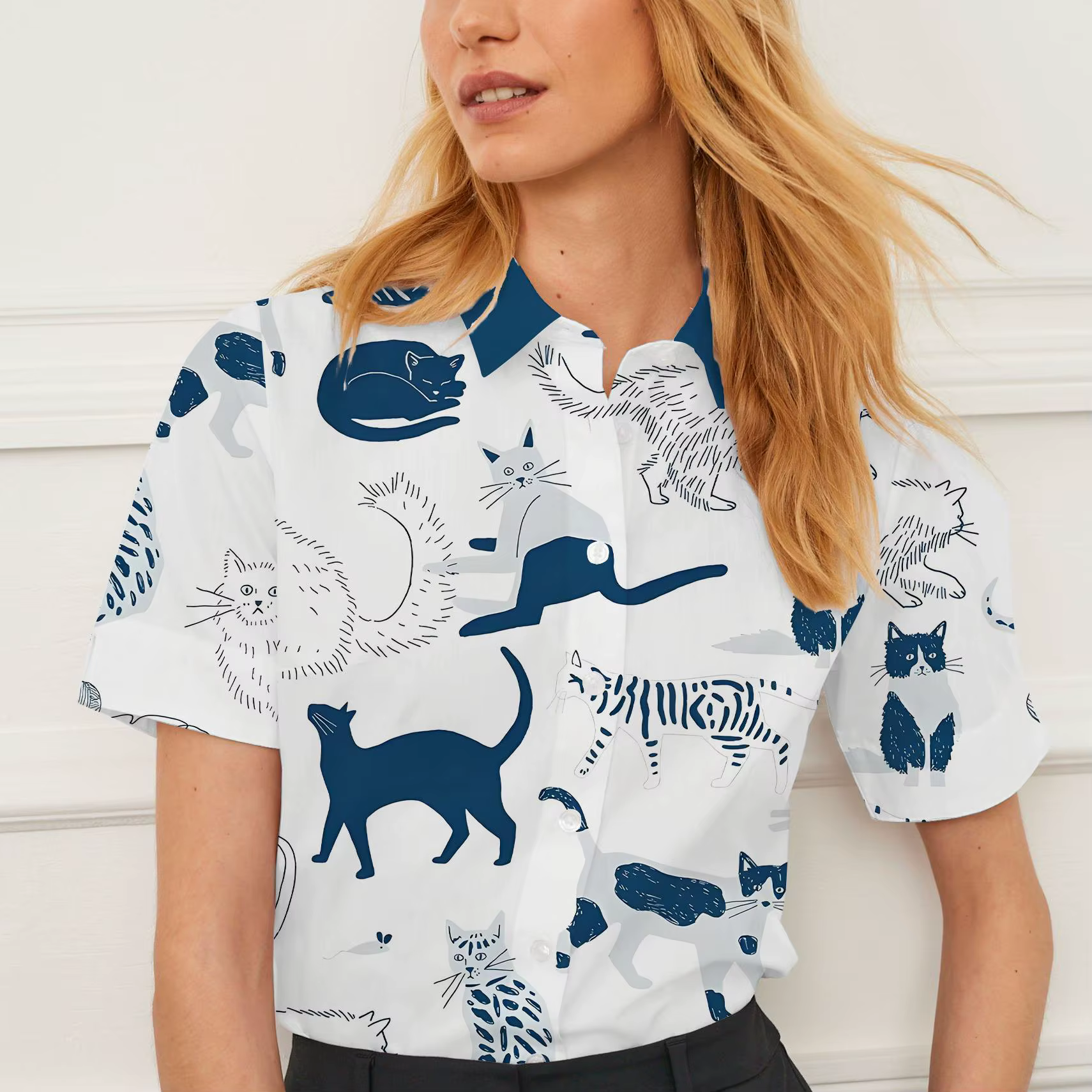 Chemise à revers à manches courtes pour femmes, vêtements d'été, motif animal de dessin animé, hauts