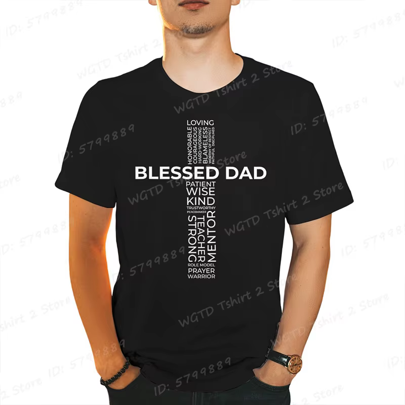 Christian Blessed Dad Cross Print T-shirts Fête des Pères T-Shirt Drôle Papa Chemise À Manches Court