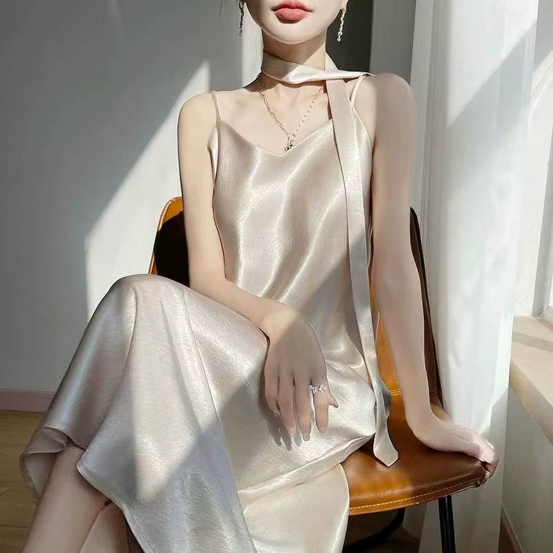 Robe française élégante en Satin pour femmes, ample, avec ruban, mi-longue, mode féminine, esthétiqu